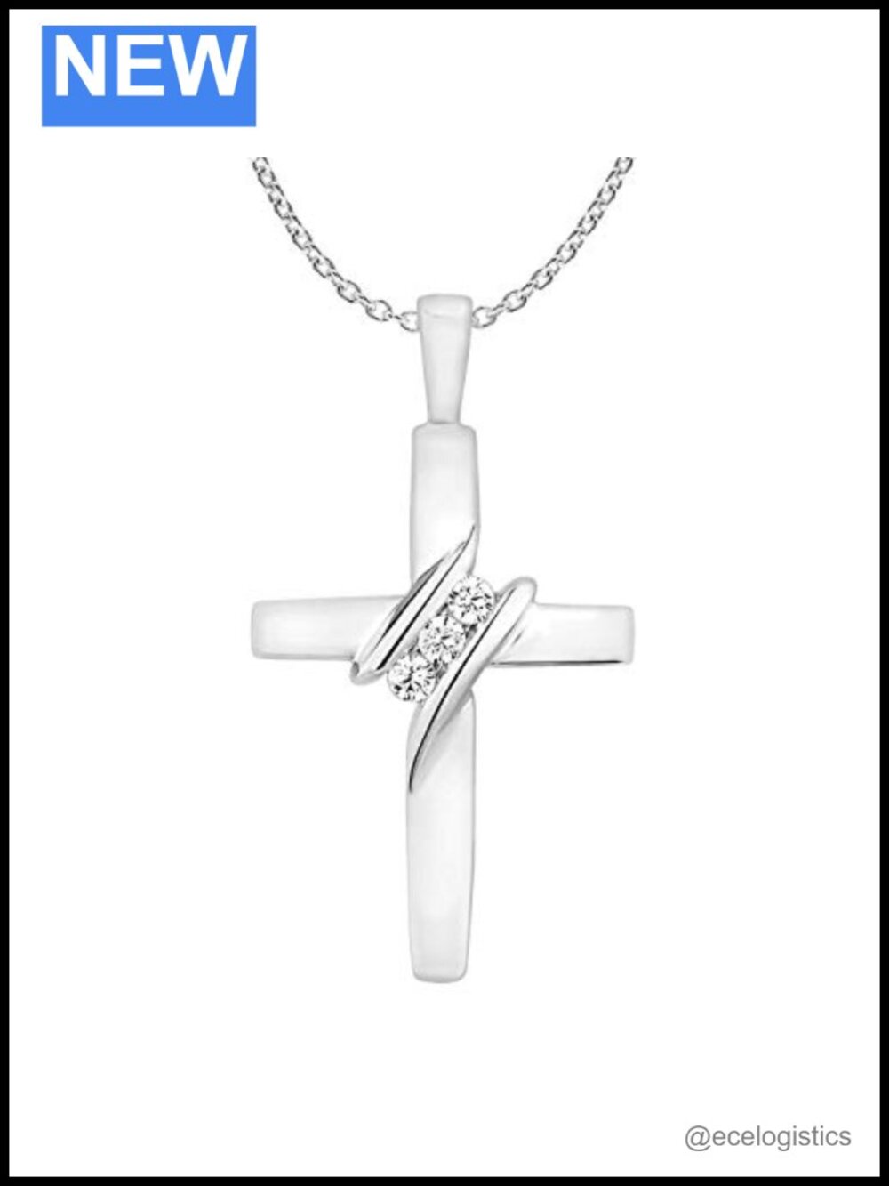 10K White Gold Natural Diamond Cross Pendant Necklace 18 Inch